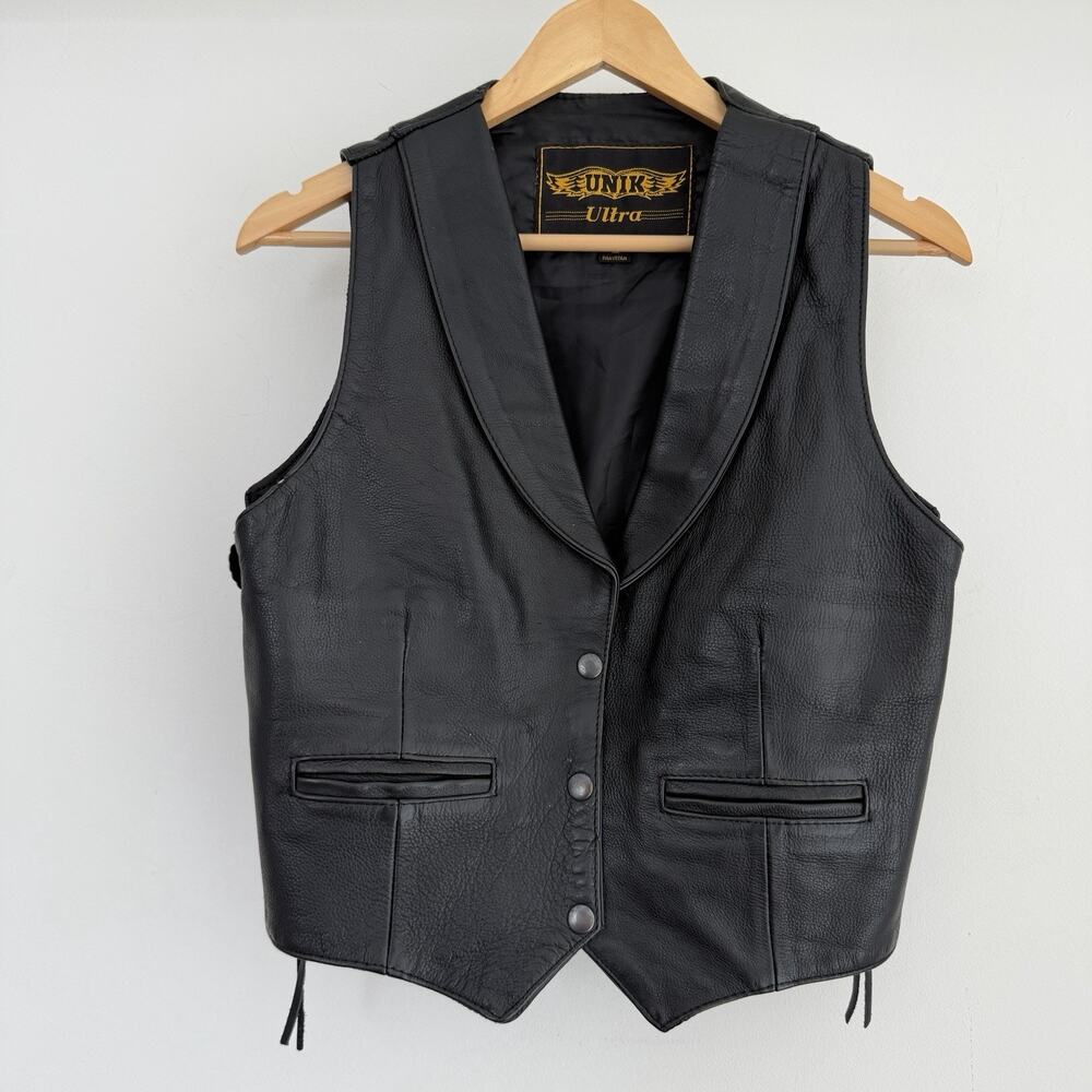 Vintage Leather Vest Womens‎ Large Black Silver Concho Motorcycle Western Biker